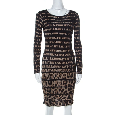 Pre-owned Roberto Cavalli Black Leopard And Stripe Print Stretch Long Sleeve Dress S