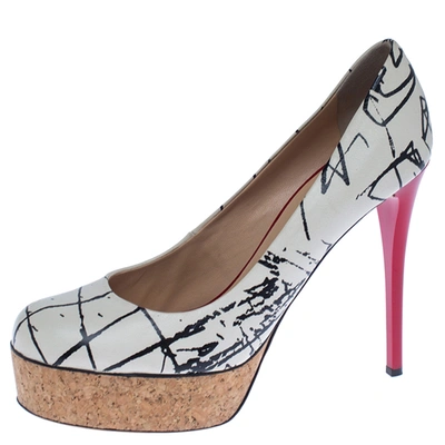 Pre-owned Giuseppe Zanotti White Printed Leather Cork Platform Pumps Size 38.5