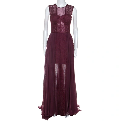 Pre-owned Zuhair Murad Burgundy Silk Blend Lace Bodice Evening Gown M