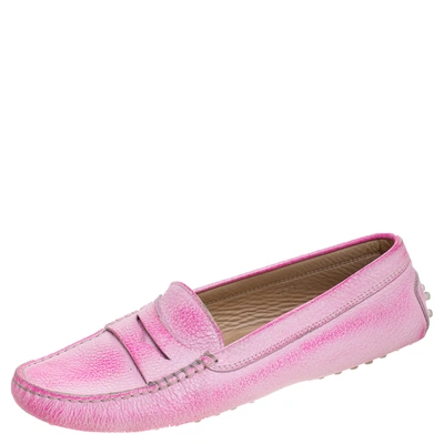 Pre-owned Tod's Pink Leather Penny Slip On Loafers Size 37.5