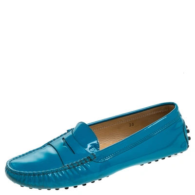 Pre-owned Tod's Blue Patent Leather Penny Slip On Loafers Size 38