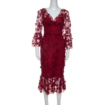 Pre-owned Notte By Marchesa Burgundy 3d Floral Lace Midi Dress M