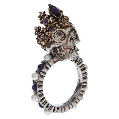 Pre-owned Alexander Mcqueen Crystal And Faux Pearl Embellished Queen Skull Ring Size 52.5 In Purple