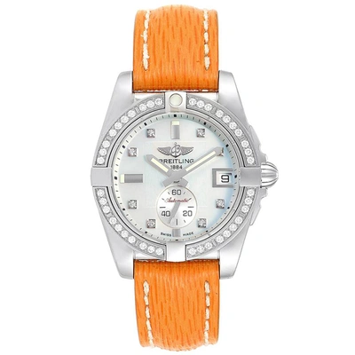 Pre-owned Breitling Mop Diamond Leather And Stainless Steel Galactic 36 A37330 Women's Wristwatch 36mm In White
