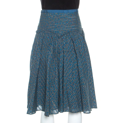 Pre-owned Marc By Marc Jacobs Marc Jacobs Blue Floral Printed Cotton Lurex Striped Midi Skirt M