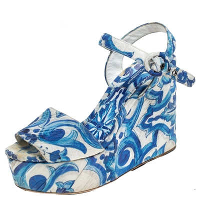 Pre-owned Dolce & Gabbana Blue/white Majolica Print Canvas Ankle Strap Wedge Sandals Size 38.5