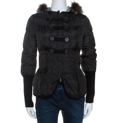 Pre-owned Brunello Cucinelli Black Fur Collar Ribbed Trim Peplum Puffer Jacket S