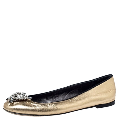 Pre-owned Giuseppe Zanotti Metallic Gold Leather Crystal Embellished Ballet Flats Size 38