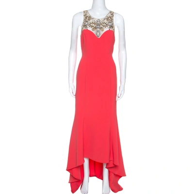 Pre-owned Marchesa Coral Pink Stretch Crepe Embelished High Low Gown S