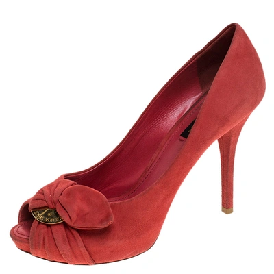 Pre-owned Louis Vuitton Red Suede Catania Peep Toe Platform Pumps Size 38