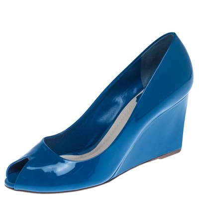 Pre-owned Dior Christian  Blue Patent Leather Peep Toe Wedge Pumps Size 38