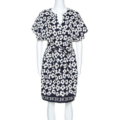 Pre-owned Ch Carolina Herrera Navy Blue Floral Print Silk And Linen Blend Dress M