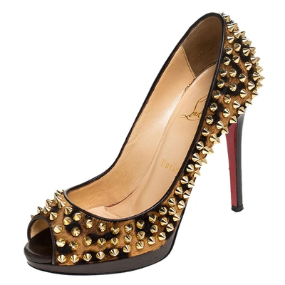 Pre-owned Christian Louboutin Leopard Print Calfhair Yolanda Spikes Peep Toe Pumps Size 36 In Brown