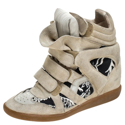 Pre-owned Isabel Marant Beige Printed Canvas And Suede Bekett Wedge Sneakers Size 40
