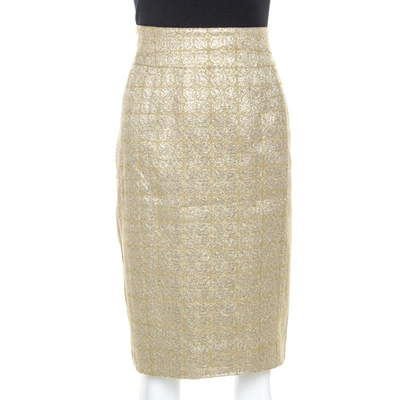 Pre-owned Burberry Metallic Jacquard Lame Pencil Skirt L In Gold