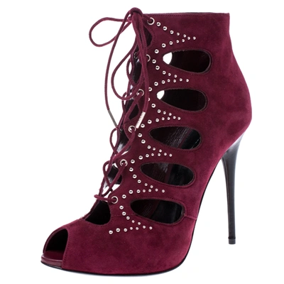 Pre-owned Alexander Mcqueen Burgundy Suede Silver Studded Lace Up Booties Size 37