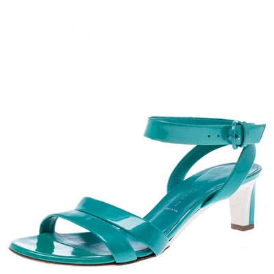 Pre-owned Casadei Turquoise Patent Leather Open Toe Cross Strap Mid Heel Sandals Size 36 In Green