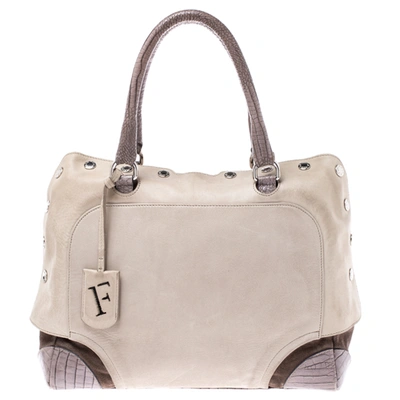 Pre-owned Furla Beige/grey Leather And Suede Snap Button Satchel