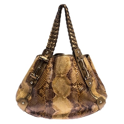 Pre-owned Gucci Gold/beige Python And Leather Medium Pelham Hobo
