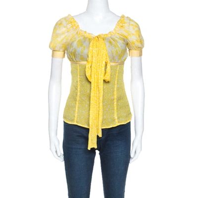 Pre-owned Dolce & Gabbana D & G Yellow Floral Print Sheer Silk Crepe Elasticized Neck Blouse S