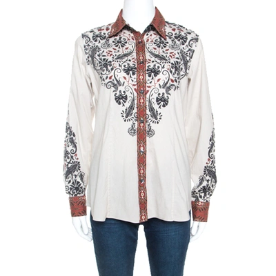 Pre-owned Etro Beige Printed Stretch Cotton Button Front Shirt L