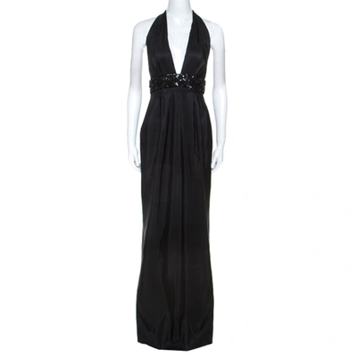 Pre-owned Marchesa Notte Black Silk Embellished Waist Halterneck Evening Gown M