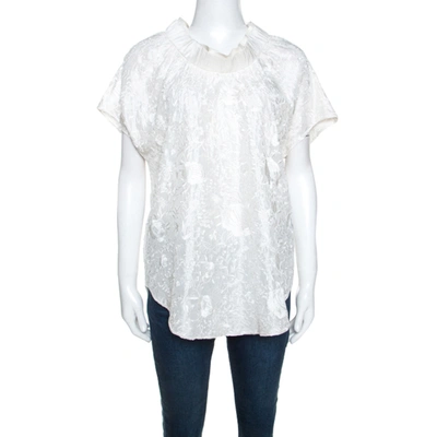 Pre-owned Emporio Armani Ivory Silk Floral Embroidered Top L In White