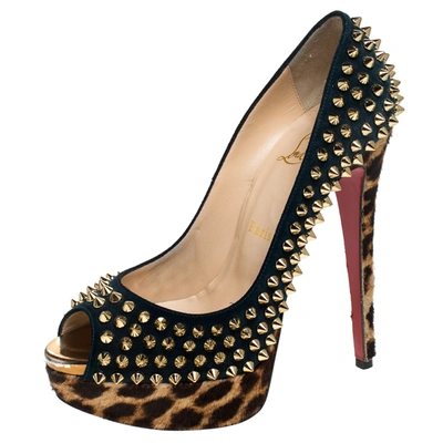 Pre-owned Christian Louboutin Blue Suede And Leopard Pony Hair Spiked Lady Peep Toe Platform Pumps Size 37 In Navy Blue