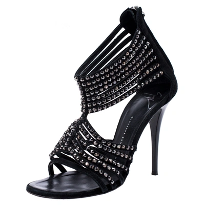 Pre-owned Giuseppe Zanotti Black Suede Embellished Strappy Sandals Size 36.5