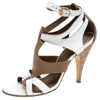 Pre-owned Hermes White/brown Leather Strappy Open Toe Sandals Size 38