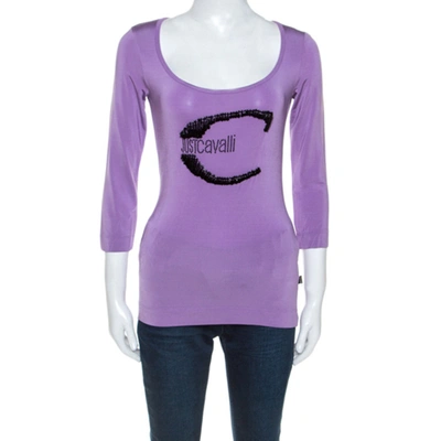 Pre-owned Roberto Cavalli Lilac Jersey Embellished Logo Scoop Neck Top S In Purple