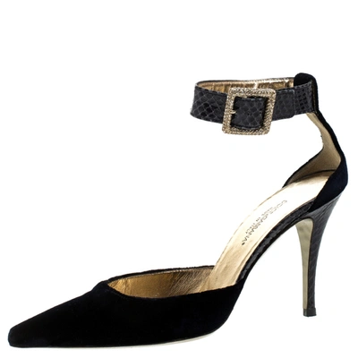 Pre-owned Dolce & Gabbana Blue Velvet And Python Ankle Strap Sandals Size 36