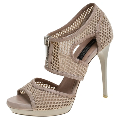Pre-owned Burberry Beige Cotton Lace And Leather Trim Cut Out Platform Ankle Sandals Size 37