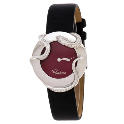 Pre-owned Roberto Cavalli Maroon Stainless Steel Diamonds Snake 7251165523 Women's Wristwatch 38 Mm In Black