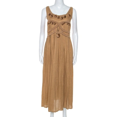 Pre-owned Bottega Veneta Camel Beige Linen Pom Pom Detail Pleated Dress L