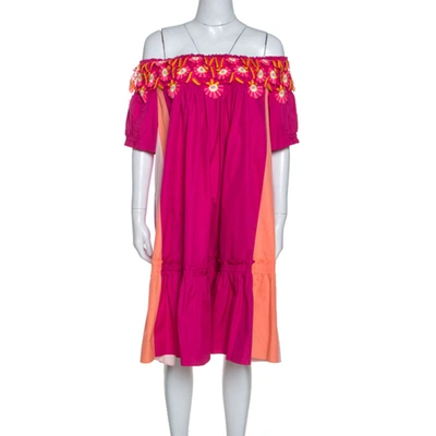 Pre-owned Peter Pilotto Pink Cotton Embroidery Detail Off-shoulder Pallas Dress M
