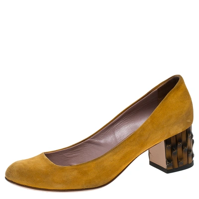 Pre-owned Gucci Yellow Suede Dahlia Bamboo Heel Pumps Size 36.5