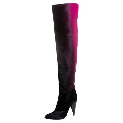 Pre-owned Tom Ford Black/pink Calf Hair Ombre Over The Knee Boots Size 38