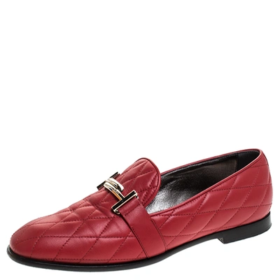 Pre-owned Tod's Red Quilted Leather Double T Slip On Loafers Size 37.5