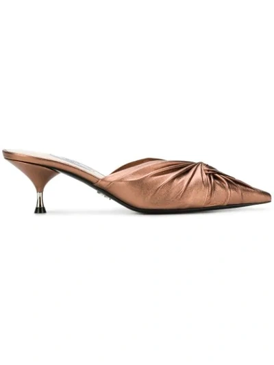 Prada Low-heel Metallic Leather Twist Mule In Brown