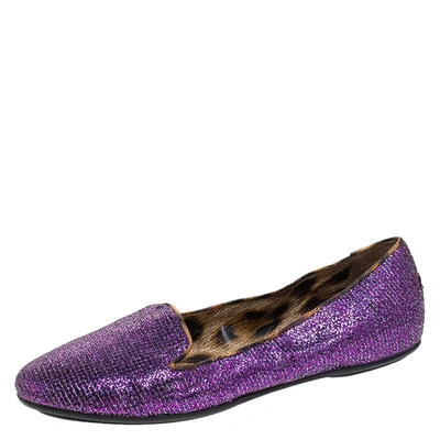 Pre-owned Roberto Cavalli Glitter Fabric Slip On Loafers Size 36 In Purple