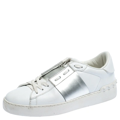 Pre-owned Valentino Garavani White/metallic Silver Band Leather Open Low Top Sneakers Size 37.5