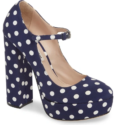 Miu Miu 135mm Polka-dot Canvas Platform Mary Jane Pumps, Blue