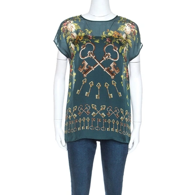 Pre-owned Dolce & Gabbana Green Floral And Key Print Silk Sheer Top S