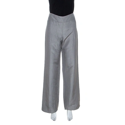 Pre-owned Armani Collezioni Grey Linen Silk Blend Wide Leg Trousers M
