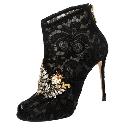 Pre-owned Dolce & Gabbana Black Lace Crystal Embellished Peep Toe Booties Size 38.5