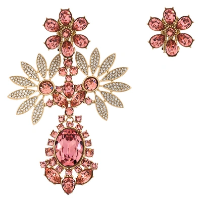 Pre-owned Burberry Double Daisy Crystal Gold Tone Clip-on Asymmetric Stud Drop Earrings In Pink