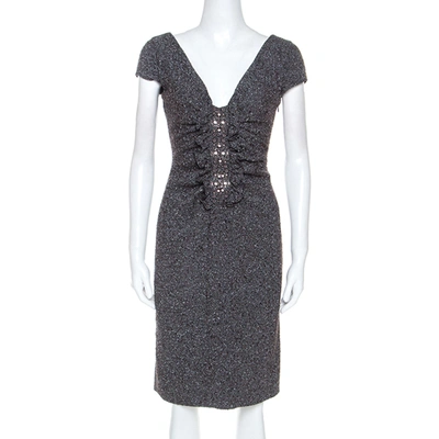 Pre-owned Valentino Grey Boucle Knit Wool Blend Embellshed Detail Dress M