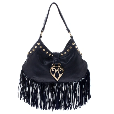 Pre-owned Moschino Navy Blue Leather Studded Fringe Hobo