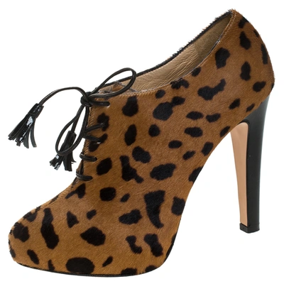 Pre-owned Charlotte Olympia Brown Leopard Print Calf Hair Ankle Booties Size 38.5